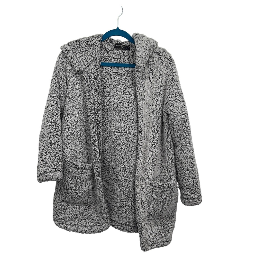 Gray Sherpa Cardigan Open Front Hoodie Sweater Jacket Soft‎ Cozy Comfy